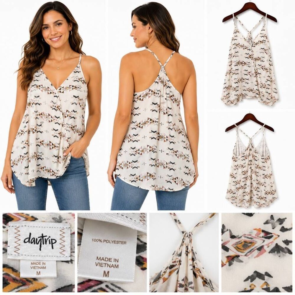 Daytrip Aztec Print Wrap Tank Top Cream Racerback M